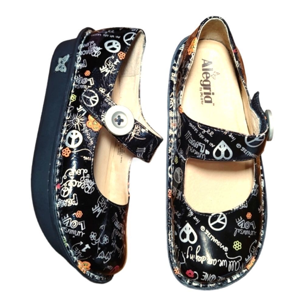 Alegria 'Peace & Love' Patent Leather Printed Paloma Mary Jane Shoes 8 / 8.5 38